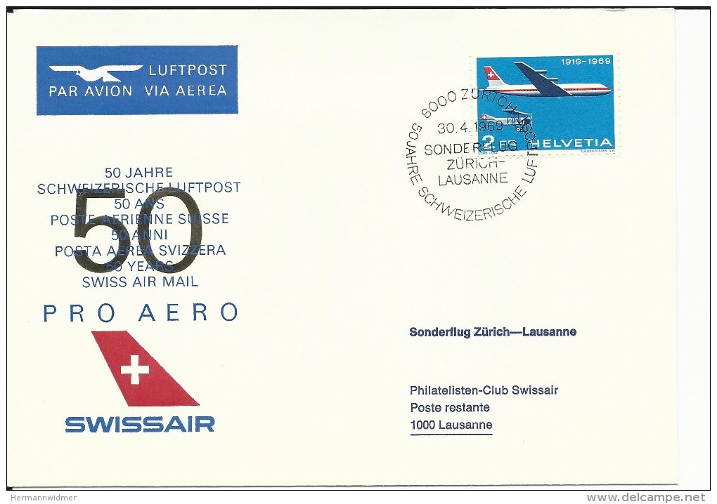 SF 69.4, Swissair, PRO AERO, Vol Spécial Zurich - Lausanne, 1969 - Autres & Non Classés