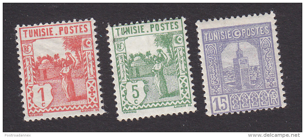 Tunisia, Scott #74, 77, 79, Mint Hinged, Arab Woman Carrying Water, Grand Mosque Of Tunis, Issued 1926 - Unused Stamps