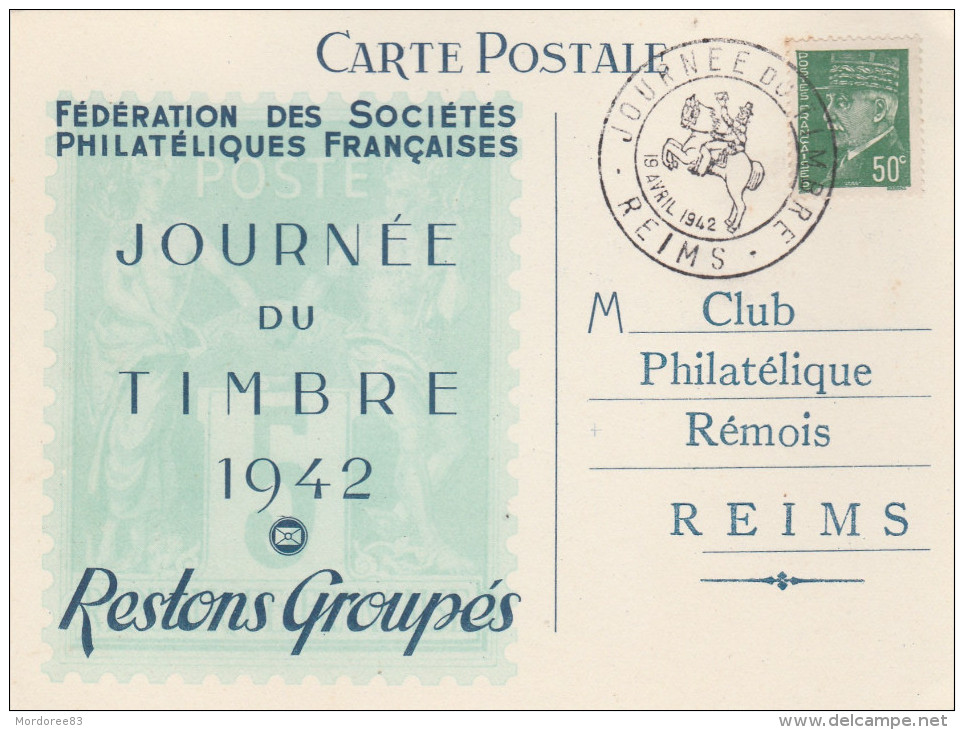CARTE JOURNEE DU TIMBRE 1942 RESTONS GROUPES REIMS                                         TDA105 - Stamp's Day