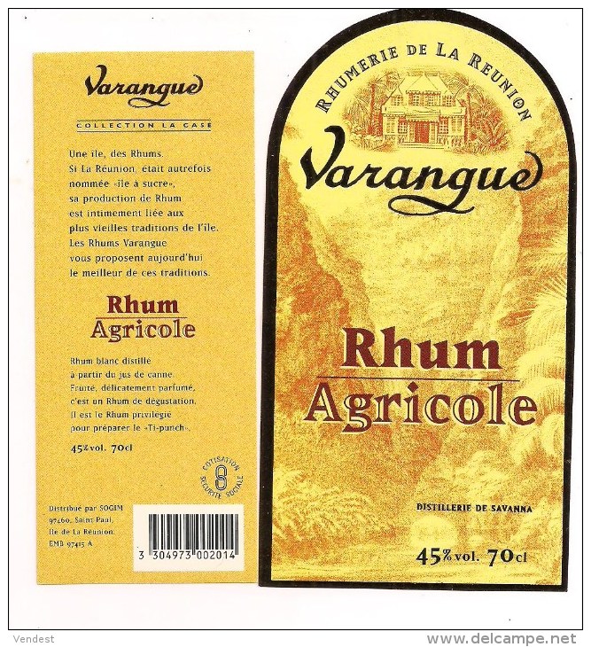 Etiquette  RHUM  Agricole  Varangue - Rhumerie De La Réunion, Saint-Paul - 70cl  - 45° - LA REUNION - - Rum