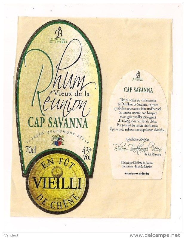 Etiquette  Rhum Traditionnel Vieux De La REUNION - Cap Savanna - Vieilli En Fût De Chêne - - Rum