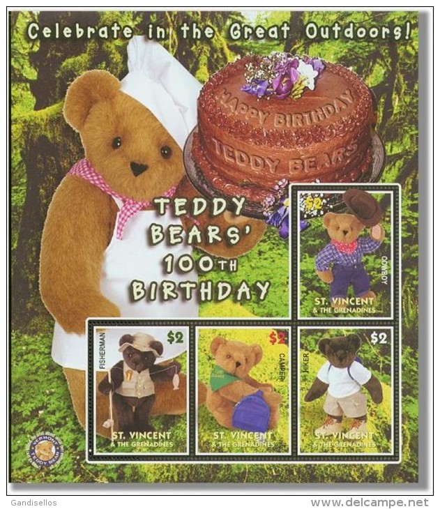 VINCENT GRENADINES SHEET TEDDY BEARS TOYS 100TH BIRTHDAY CLEBRATION - Dolls