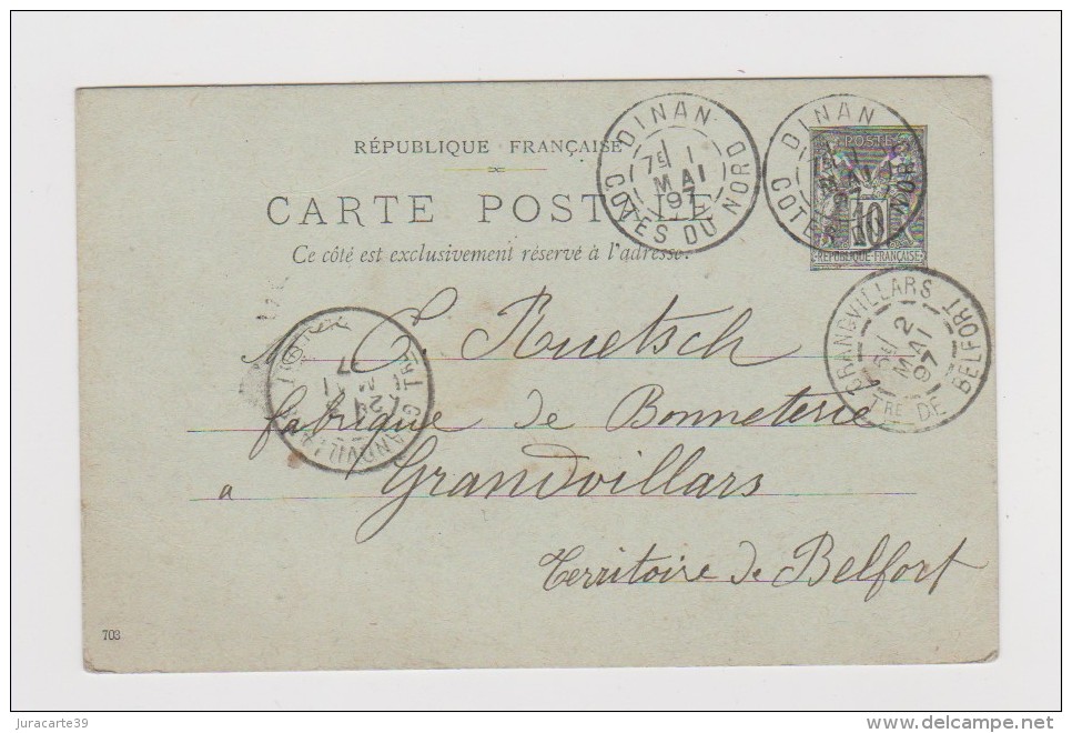 1897.Entier Postal Type Sage Avec Cachet Commercial De La Mercerie Marie Ramard 3 Rue De La Poissonnerie à Dinan.22. - 1877-1920: Période Semi Moderne