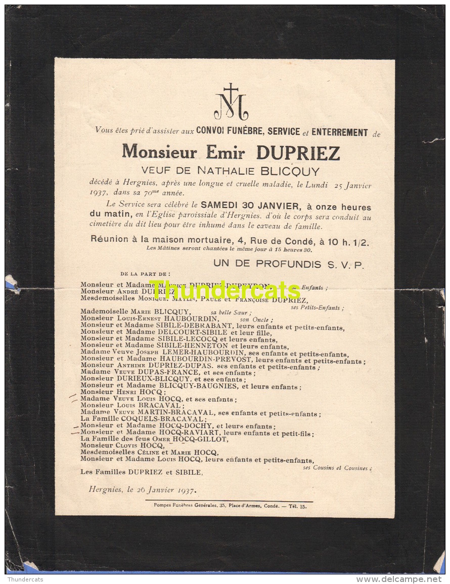 FAIRE PART MORTUAIRE DOODSBRIEF EMIR DUPRIEZ NATHALIE BLICQUY 1937 HERGNIES - Obituary Notices