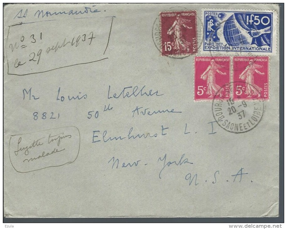 Lettre De France Pour USA  Par Paquebot Normandie Affran Avec N)327 + Complément - 1921-1960: Période Moderne