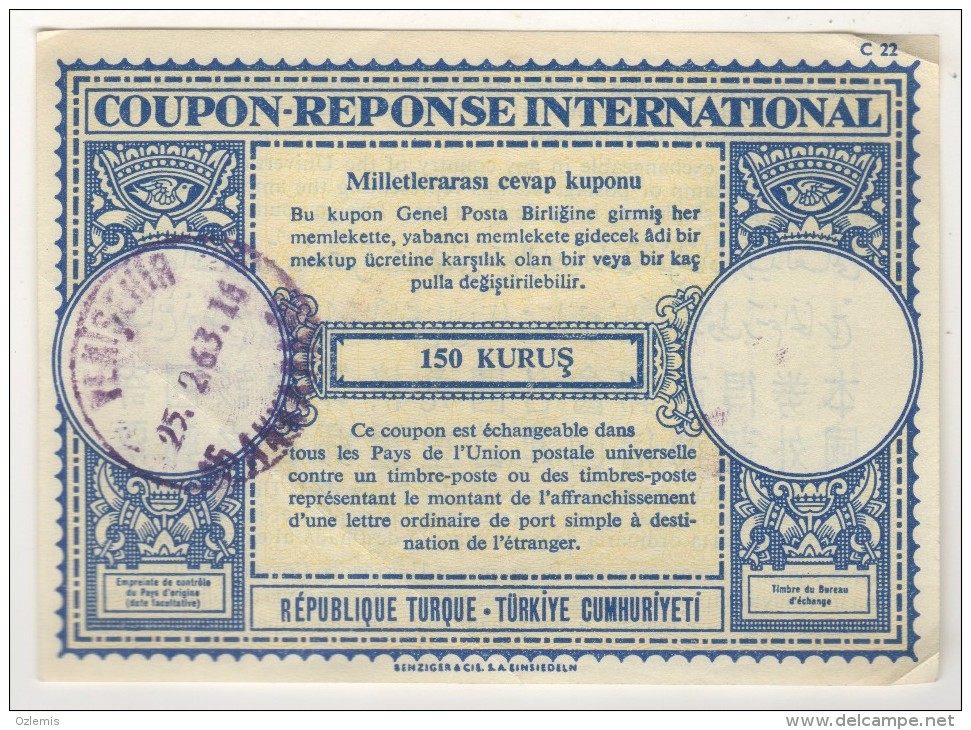 TURQUIE,TURKEI,TURKEY COUPON REPONSE INTERNATIONAL 150 KURUS - Entiers Postaux