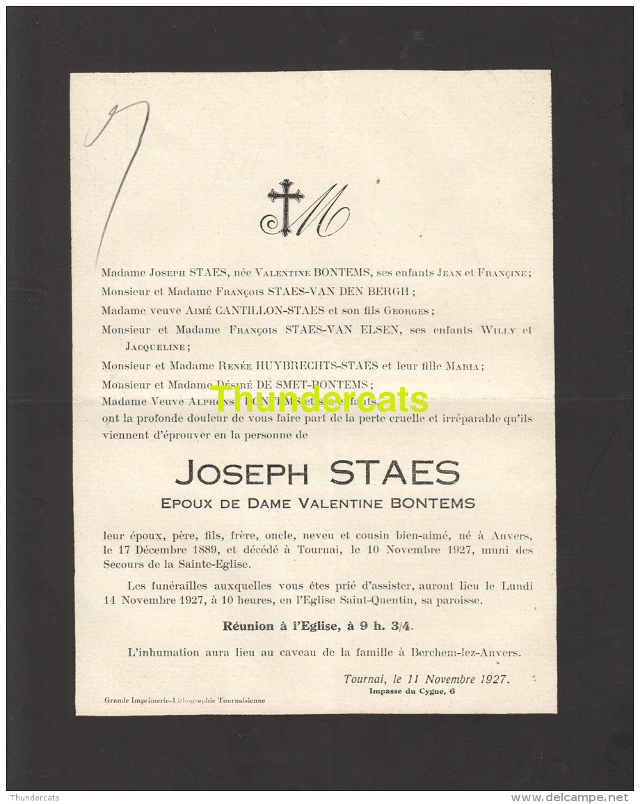 FAIRE PART MORTUAIRE DOODSBRIEF 1927 TOURNAI JOSEPH STAES VALENTINE BONTEMS - Décès