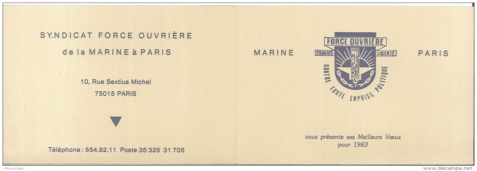 Calendrier - Force Ouvrière - Progrès Liberté - Contre Toute Emprise Politique - Marine - Paris - 1983 - Autres & Non Classés