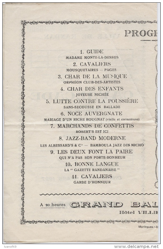 63 - RANDAN - Programme 1927 - Grande Cavalcade - Programme Et Chanson Du Carnaval De Randan - Manifestations