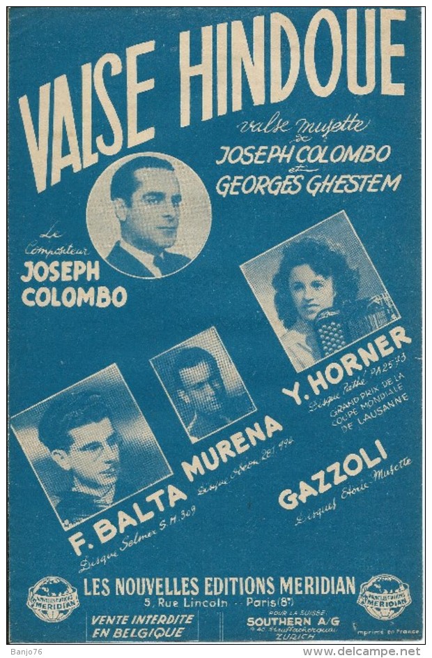 Partition De  Joseph COLOMBO Yvette HORNER F. BALTA MURENA  - Valse Hindoue - Autres & Non Classés