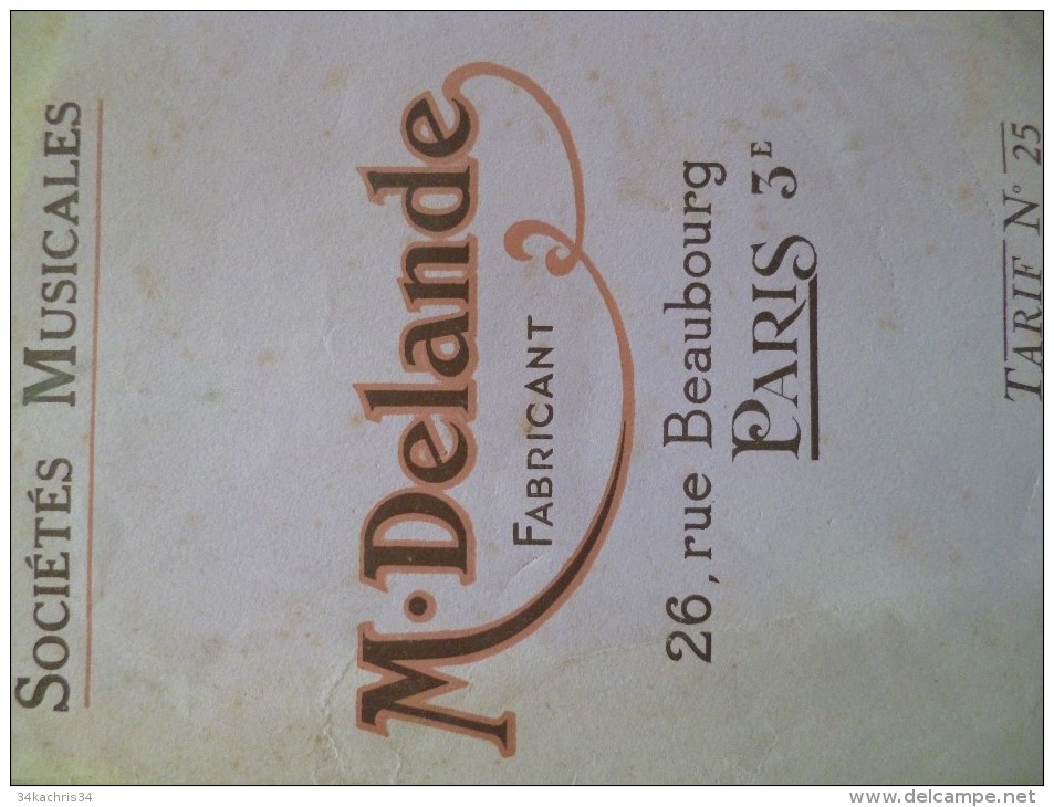 Catalogue Pub Illustré Tarif 25 Paris M.Delande Sociétés Musicales Diplôme, Médailles, Fanions, Insignes,...... - Other & Unclassified