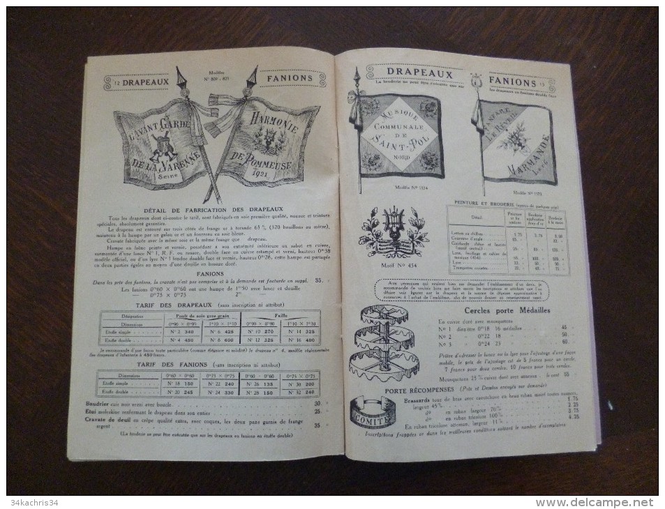 catalogue pub illustré tarif 25 Paris M.Delande Sociétés musicales diplôme, médailles, fanions, insignes,......