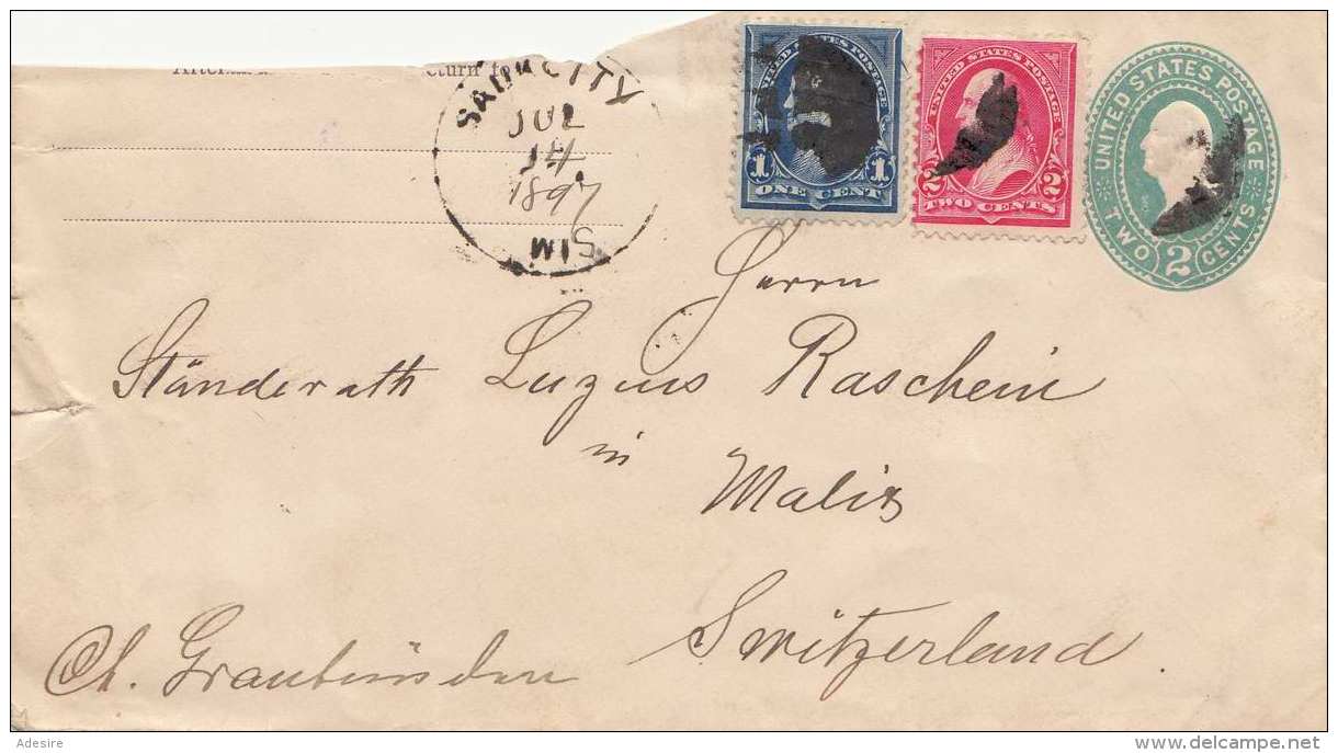 USA 1897 - 2 Cent Ganzsache + 1 + 2 C Zusatzfrankierung Gel.v. USA &gt; Malis Graubünden - Briefe U. Dokumente