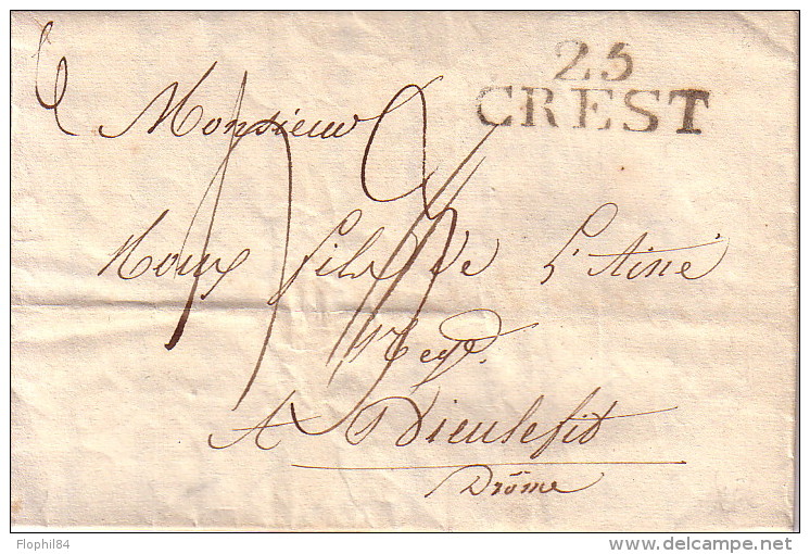 DROME - 25 CREST - (36x14) - LETTRE AVEC TEXTE POUR DIEULEFIT - TAXE 3 BIFFEE  ET TAXE 4 - AVEC TEXTE. - 1801-1848: Précurseurs XIX