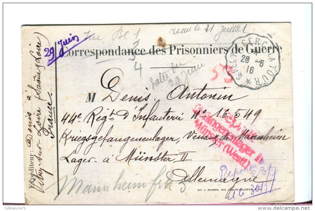 71 Saône-et-Loire  Convoyeur Ligne Gilly à Cercy-la-Tour 1916 Pour Prisonnier En Allemagne 14-18 Camp 2 Scans - Cachets Manuels