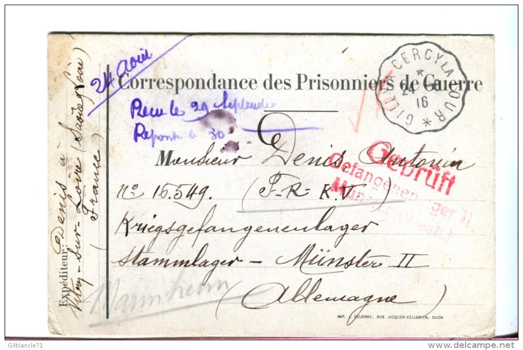 71 Saône-et-Loire  Convoyeur Ligne Gilly à Cercy-la-Tour 1916 Pour Prisonnier En Allemagne 14-18 Camp 2 Scans - Cachets Manuels
