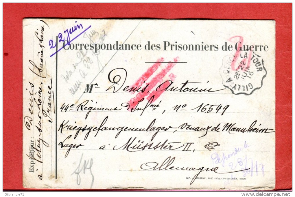 71 Saône-et-Loire  Convoyeur Ligne Gilly à Cercy-la-Tour 1916 Pour Prisonnier En Allemagne 14-18 Camp 2 Scans - Cachets Manuels