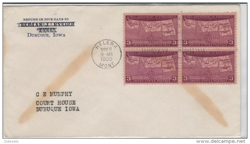 USA 1939  Montana Stetehood - Block Of 4 -FDC - 1851-1940