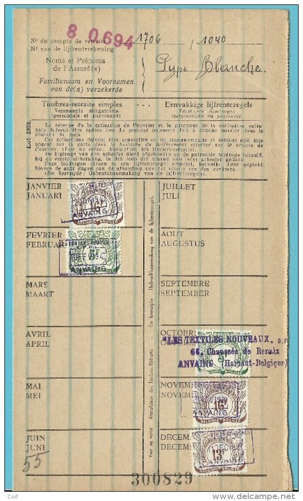 Dokument Met Zegels LIJFRENTEZEGEL / Timbres De Retraite Met Privestempel ANVAING 1939-40 - Documents