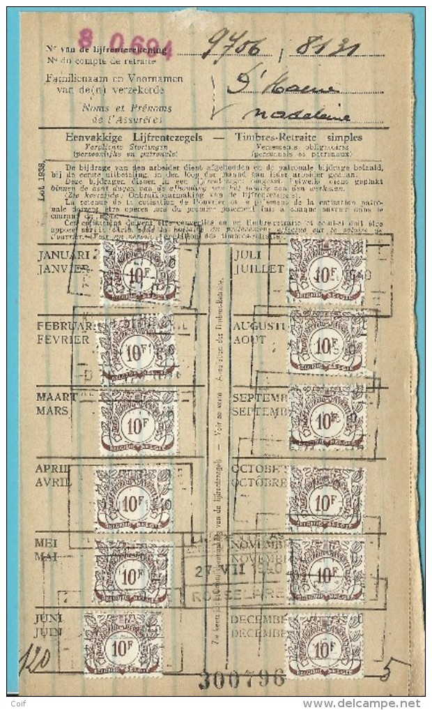 Dokument Met Zegels LIJFRENTEZEGEL / Timbres De Retraite Met Privestempel ROESELARE 1939-40 - Documents