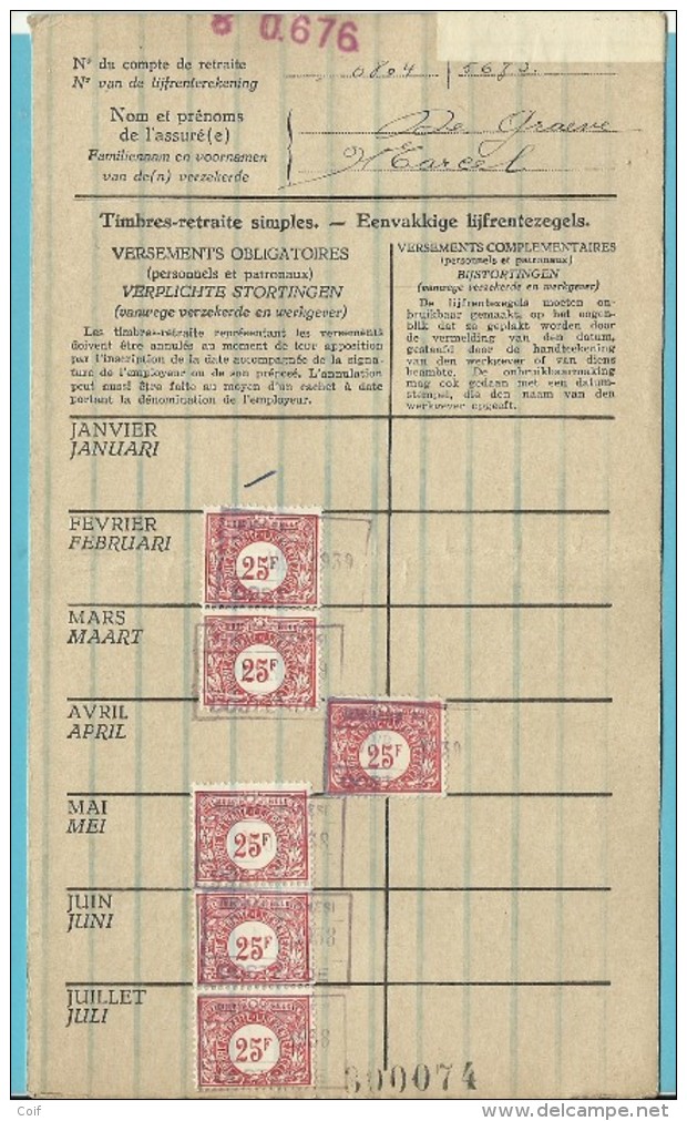 Dokument Met Zegels LIJFRENTEZEGEL / Timbres De Retraite  Met Privestempel OOSTENDE 1940 - Documents