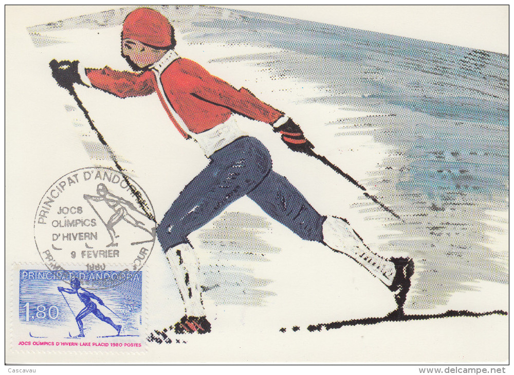 Carte Maximum   1er   Jour  ANDORRE    Jeux  Olympiques    LAKE  PLACID   1980 - Hiver 1980: Lake Placid