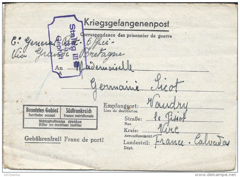 Lot De 5 Lettres De Franchise & Cachets Différents   Du Camp De Stalag Avec Ar  Vire En 1944 . - 2. Weltkrieg