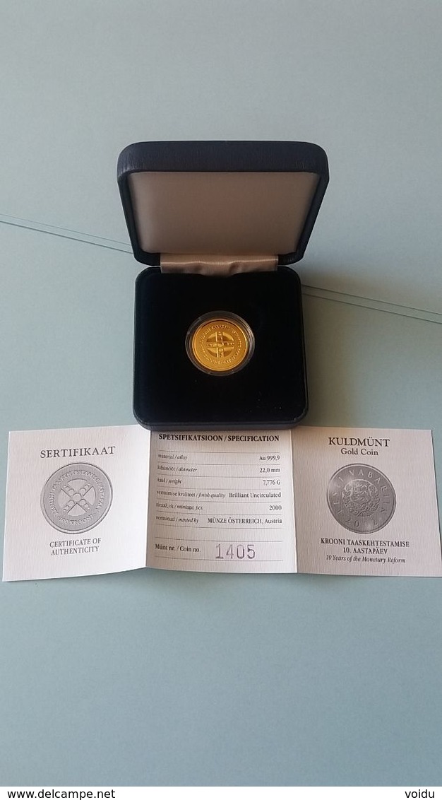 Estonia. 2002 GOLD COIN  10 Years Of The  Monetary Reform. - Estonia