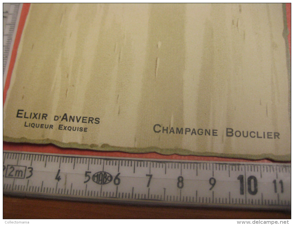 circa 1900, 12 menukaarten Champagne BOUCLIER  - PUB Elixir d'Anvers - embossed litho  press die cut Hand Work Excellent