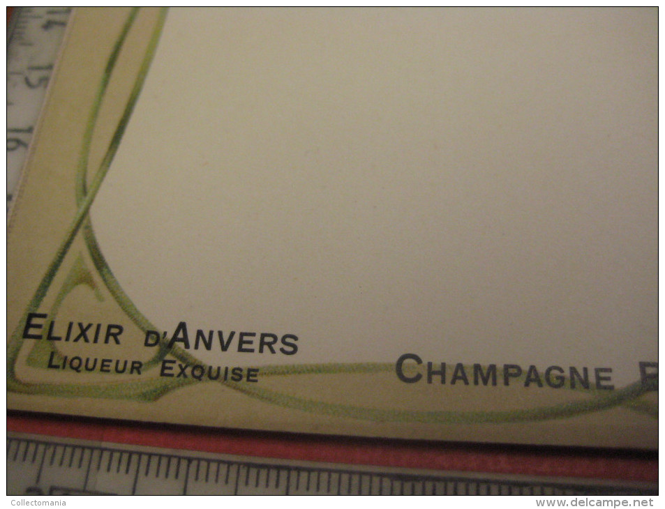 circa 1900, 12 menukaarten Champagne BOUCLIER  - PUB Elixir d'Anvers - embossed litho  press die cut Hand Work Excellent