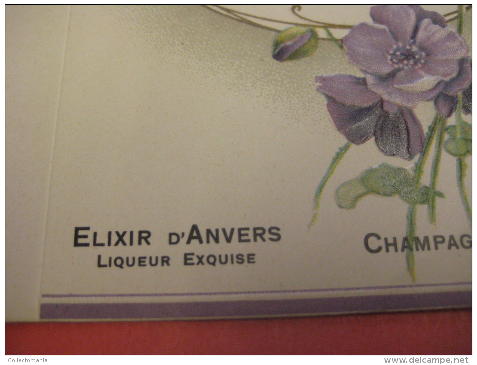 circa 1900, 12 menukaarten Champagne BOUCLIER  - PUB Elixir d'Anvers - embossed litho  press die cut Hand Work Excellent