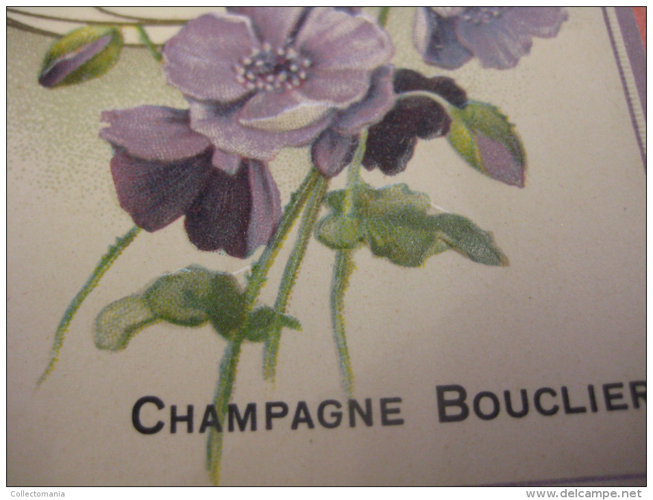 circa 1900, 12 menukaarten Champagne BOUCLIER  - PUB Elixir d'Anvers - embossed litho  press die cut Hand Work Excellent