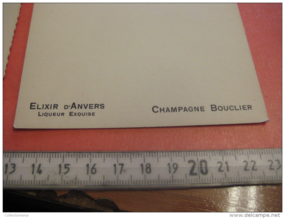 circa 1900, 12 menukaarten Champagne BOUCLIER  - PUB Elixir d'Anvers - embossed litho  press die cut Hand Work Excellent