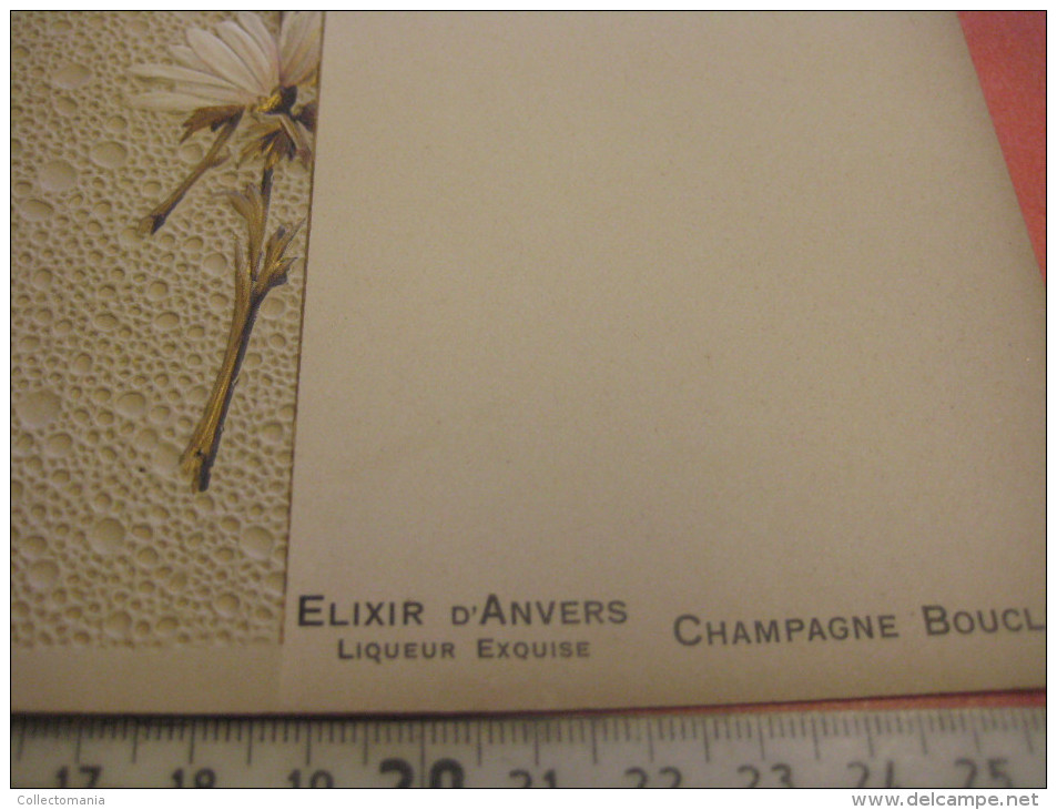 circa 1900, 12 menukaarten Champagne BOUCLIER  - PUB Elixir d'Anvers - embossed litho  press die cut Hand Work Excellent