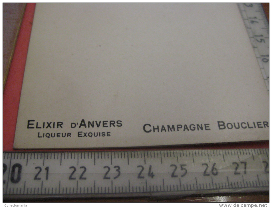 circa 1900, 12 menukaarten Champagne BOUCLIER  - PUB Elixir d'Anvers - embossed litho  press die cut Hand Work Excellent