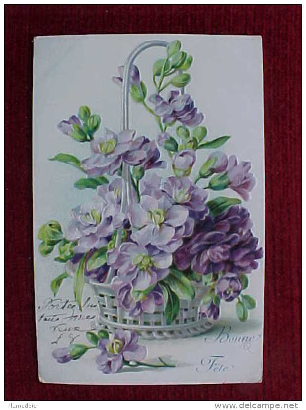 Cpa Gaufrée BOUQUET De FLEURS MAUVES Et VIOLETTES ,1906 ,  Flowers In Basket Purple Embossed   Recto Verso Prix Fixe - Fleurs