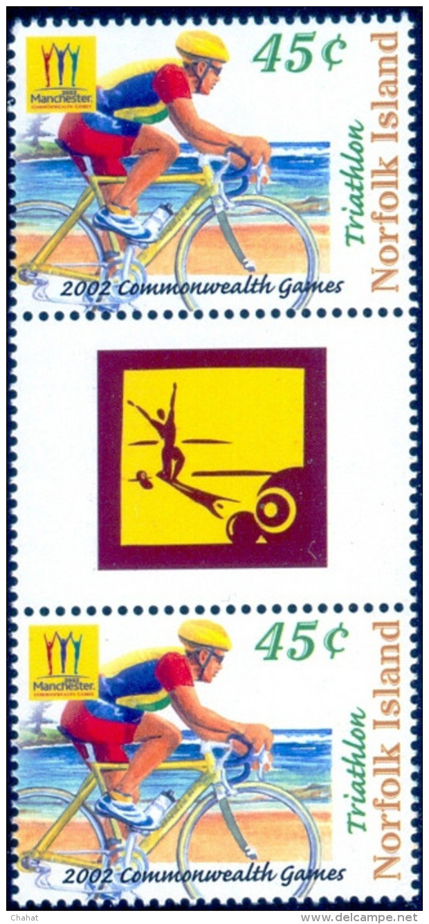 SPORTS-CYCLING-TRIATHLON-GUTTER PAIR-2002 COMMONWEALTH GAMES-NORFOLK ISLANDS-SCARCE-MNH-B9-583 - Ciclismo