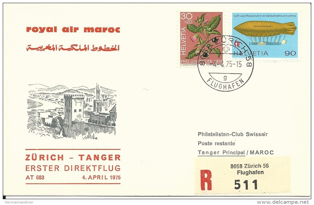 RF 75.15, Royal Air Maroc, Zurich - Tanger, Recommandé, Caravelle, 1975 - First Flight Covers