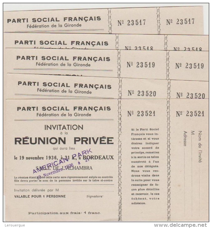 BORDEAUX : PARTI SOCIAL FRANCAIS : 5 INVITATIONS A UNE REUNION PRIVEE - Non Classés