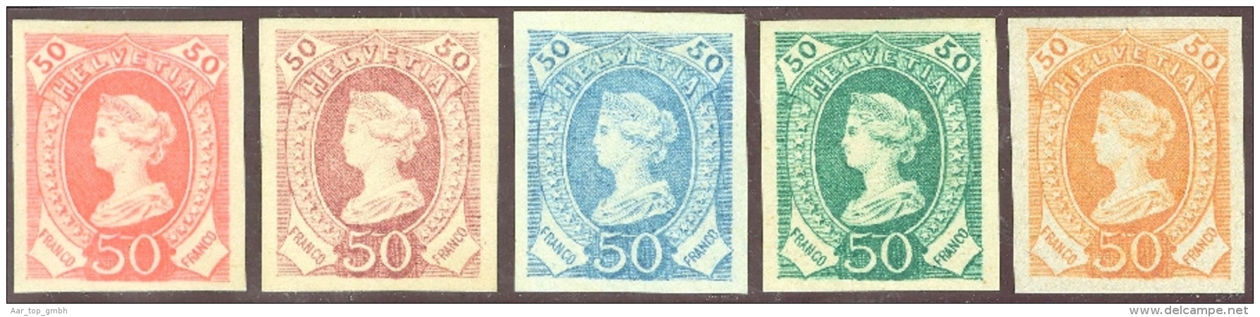 Schweiz Stehende Helvetia 1880 - 5 Farbproben Libertas 50 Rp. Geschnitten (Probedruck) - Neufs