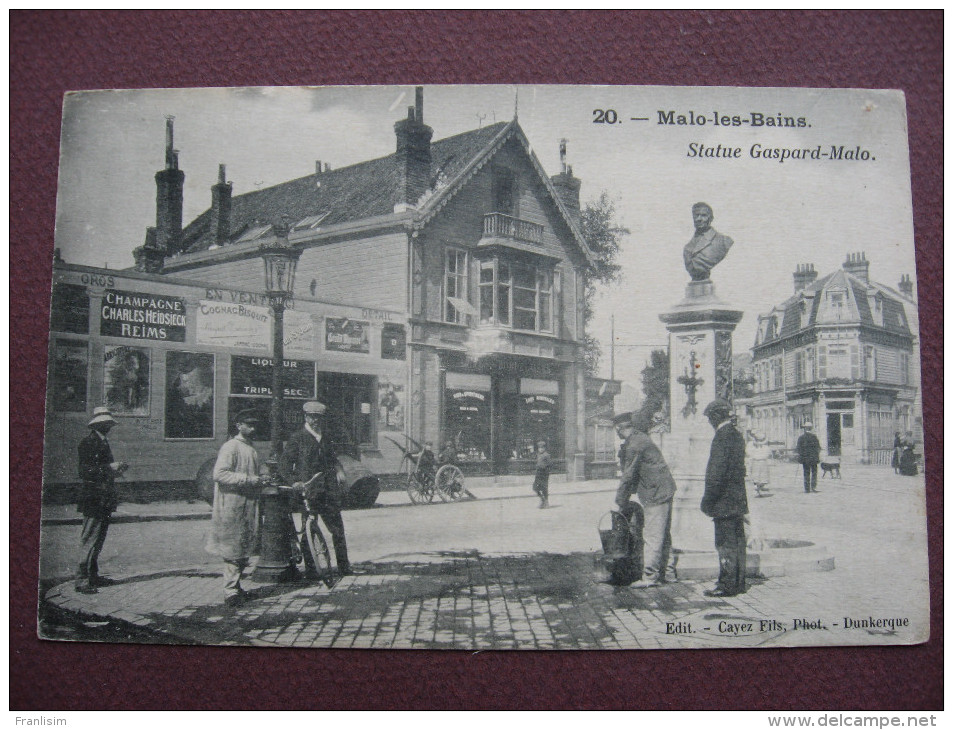 CPA 59 MALO LES BAINS Statue Gaspard Malo Place Fontaine & MAGASIN De SPECIALITES BORDELAISES PUB CHAMPAGNE HEIDSIECK - Malo Les Bains