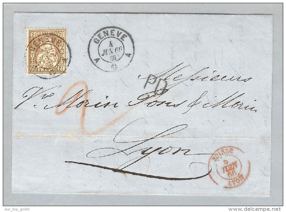 Schweiz Heimat GE Genève 1866-06-04 Brief Zu#35 60Rp.bronze>Lyon - Briefe U. Dokumente