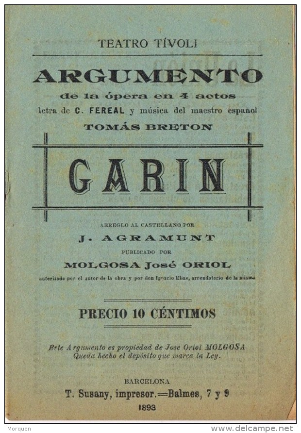 17789. Programa Opera Teatro GARIN De Fereal Y Musica Tomas Breton. Barcelona 1893 - Programmes