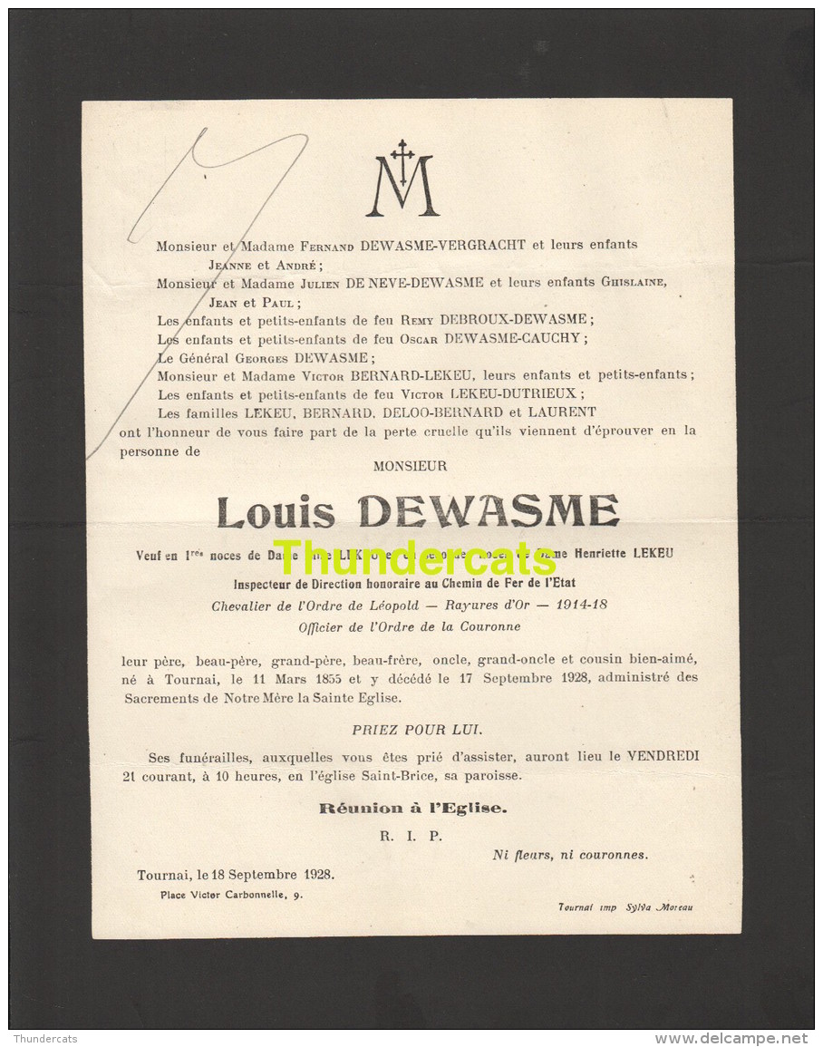 FAIRE PART MORTUAIRE DOODSBRIEF 1928 LOUIS DEWASME ELISE LEKEU HENRIETTE LEKEU INSPECTEUR CHEMIN DE FER - Décès