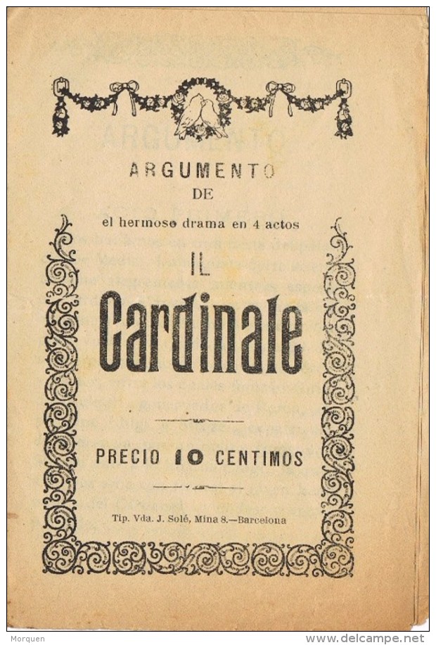 17789. Programa Drama 4 Actos IL CARDINALE . Barcelona 1910-1915 - Programas