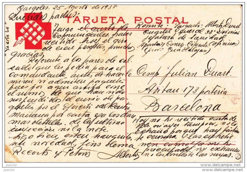 GUERRA CIVIL, TARJETA POSTAL CIRCULADA A BARCELONA, MARCA DEL EJERCITI POPULAR, RARA - Storia Postale