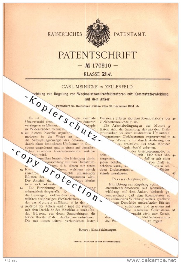 Original Patent - Carl Meinicke In Clausthal-Zellerfeld , 1904 , Wechselstrom - Feldmotor , Elektriker , Zellerfeld !!! - Clausthal-Zellerfeld