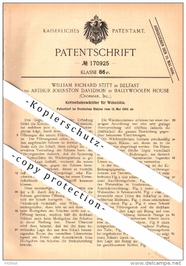 Original Patent -A.J. Davidson In Ballywoolen House , Crossgar , Ireland , 1904 ,  Weaving , W.R. Stitt In Belfast !!! - Down