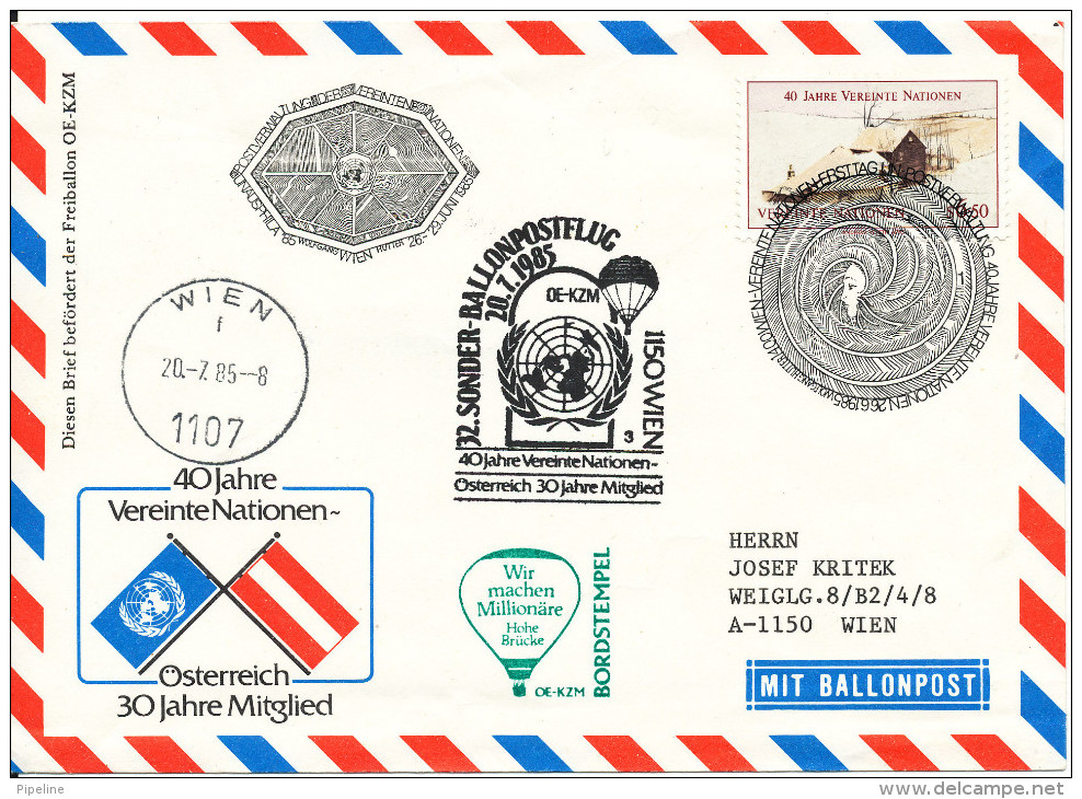 Austria Balloon Cover UN Wien Freiballon OE-KZM 20-7-1985 - Ballonpost