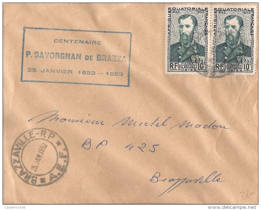 E)1952 FRANCE, PIERRE SAVORGNAN DE BRAZZA, STRIP OF 2. CIRCULATED COVER TO BRAZZAVILLE, REP OF CONGO, RARE DESTINATION, - 1952 Centenaire De La Médaille Militaire